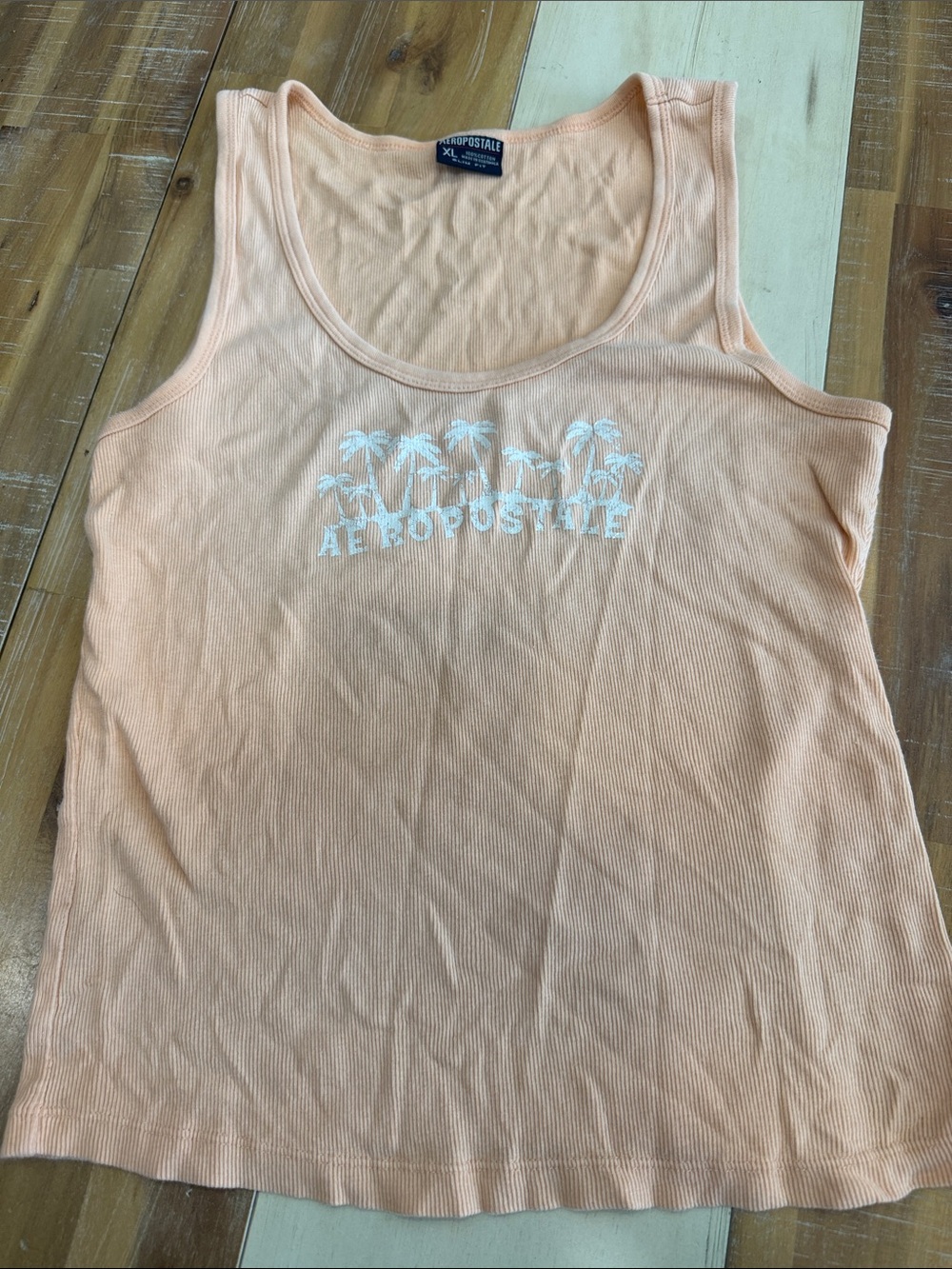Aeropostale Peach Ribbed Tank with White Palm Graphic